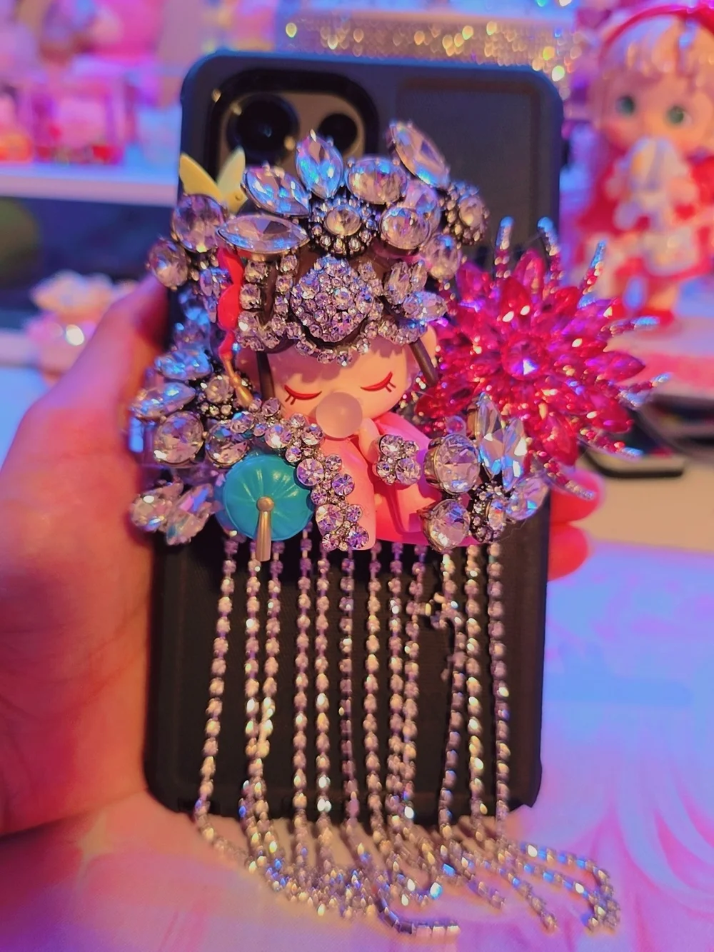 Crystal Embellished Pink Nanco Tassel Phone Charm Case Accessory